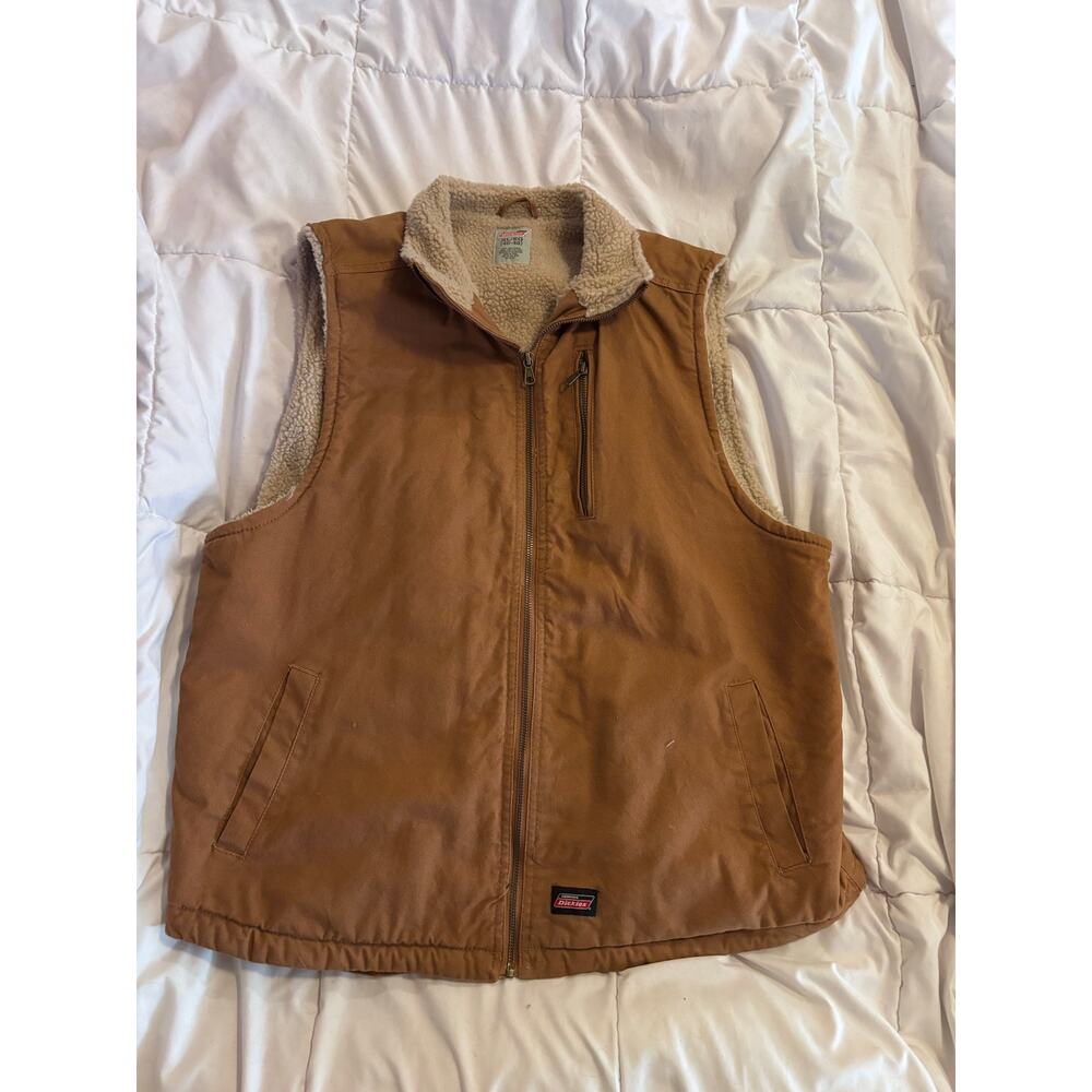 Dickies Sherpa Lined Work Vest Mens Large Brown Duck Canvas Zip Workwear Chore - Picture 3 of 6